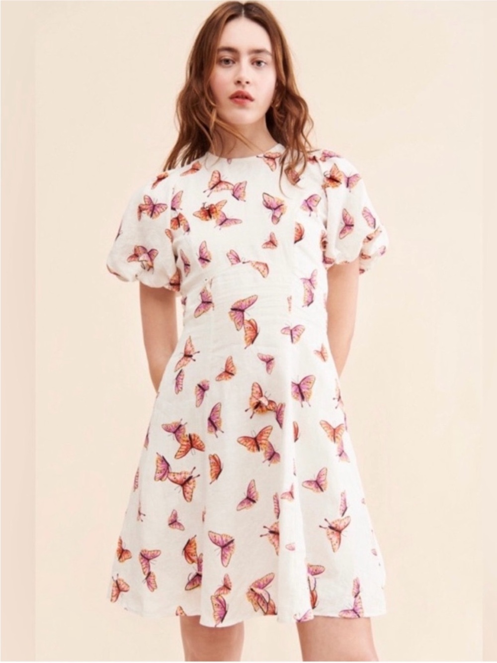 Banjanan Gracia 100% Linen Puffed Sleeve Butterfly Dress Womens S